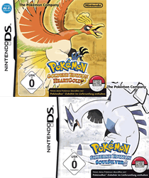 Dies sind die deutschen Verpackungen von Pokémon HeartGold und SoulSilver.
