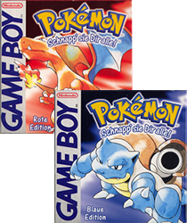Dies sind die deutschen Verpackungen von Pokémon Rot und Blau.